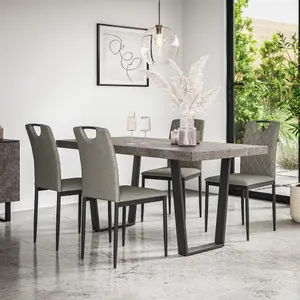 Aria Dining Table And Chairs -  Concrete Effect Table Top w Black Legs + Monza Linen Dining Chair Set Of 6 (Grey)