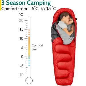 Trail Kids Sleeping Bag Mummy Hooded 3 Season Soft Warm 2 Way Zip Red Boys Girls