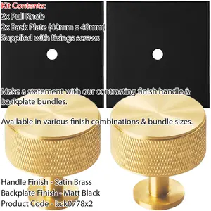 2 PACK - Cabinet Door Knob & Contrasting Backplate Set - Knurled Kitchen Pull - Satin Brass & Matt Black