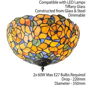 Tiffany Glass Semi Flush Ceiling Light Yellow Flower Round Inverted Shade i00052