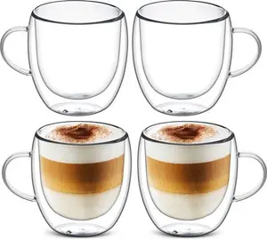 Set Of 4 Double Walled Glass Mug Set, Double Walled Insulated Drinking Glass Coffee Mugs With Handle, Insulated Layer Coffee Cups, Clear Glass Mugs