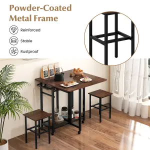 Costway Set of 3 Dining Table Set Extendable Kitchen Table 2 Stools w/ Wine Rack