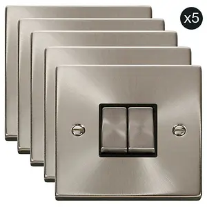 5 PACK - Satin / Brushed Chrome 10A 2 Gang 2 Way Ingot Light Switch - Black Trim - SE Home