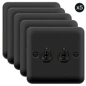 5 PACK - Curved Matt Black 2 Gang 2 Way 10AX Toggle Light Switch - SE Home