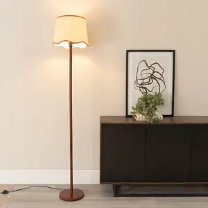 ValueLights Heather Dark Wood Single Stem Floor Lamp with Scallop Rust Trim Tapered Shade