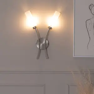 ValueLights Maya Pair - 2 Way Curved Brushed Chrome Wall Light Fitting for Living Room Lounge Hallway - LED Bulbs Included