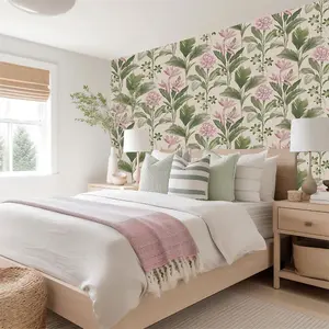 Oliana Floral Wallpaper Green / Pink Belgravia 8495