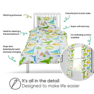 Bloomsbury Mill - Dinosaur World Kids Single Bed Duvet Cover and Pillowcase Set - Single - 135 x 200cm