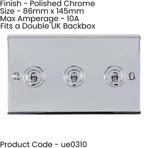 3 Gang Triple Retro Toggle Light Switch POLISHED CHROME 10A 2 Way Lever Plate