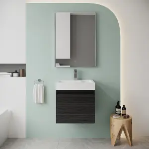 Wall Hung Vanity Basin Unit & Polymarble Basin - 500mm - Woodgrain Charcoal Black