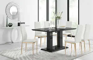 Imperia Black High Gloss 6 Seater Dining Table with Structural 2 Plinth Column Legs 6 White Faux Leather Gold Leg Milan Chairs