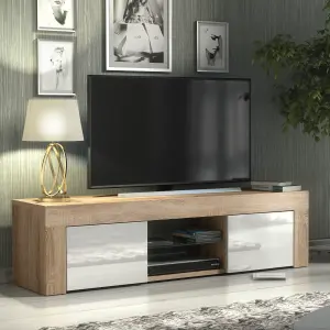 Loom TV Unit 130cm Oak & White with High Gloss Doors and LED Lighting - Creative Furniture