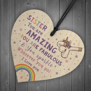 Novelty Sister Gift For Birthday Christmas Unicorn Plaque Wooden Heart From Brother