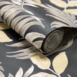 Grandeco Allison Palm Leaf Foliage Blown Vinyl Wallpaper, Black