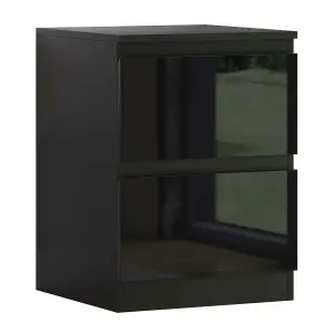 Black Gloss 2 Drawer Bedside Table Nightstand Scratch Resistant 40% Deeper Drawers