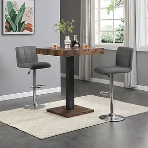 Furniture In Fashion Topaz Rustic Oak Wooden Bar Table With 2 Coco Grey Stools