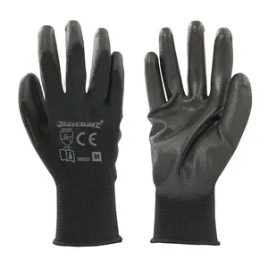 MEDIUM Black Gloves 13 Gauge Knitted & Poly Coated Palms & Fingers Open Back