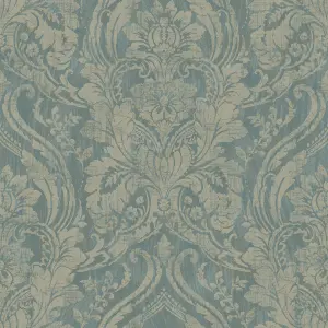 Grandeco Textured Distressed Metallic Damask Wallpaper, Teal