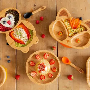 Bamboo Round Baby Weaning Plate & Fork Set - Blue