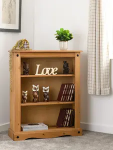 Corona 3 Shelf Low Bookcase in Distressed Waxed Pine Finish