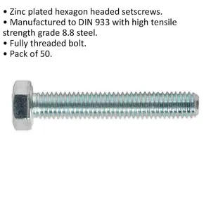 50 Pack M5 x 30mm High Tensile Setscrews - Grade 8.8 Zinc Plated DIN 933