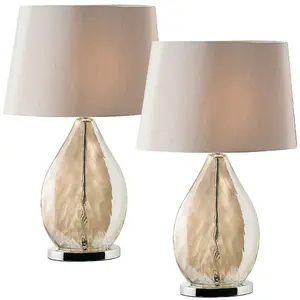 2 PACK Table Lamp & Shade Gold Tinted Glass & Mink Fabric Pretty Bedside Light