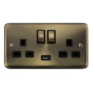 Curved Antique Brass 2 Gang 13A DP Ingot 1 USB Twin Double Switched Plug Socket - Black Trim - SE Home