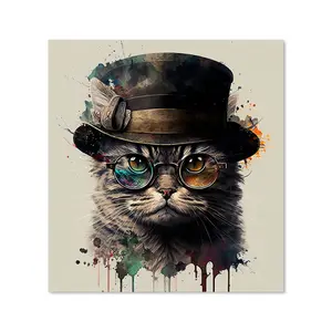 Cat With Glasses And Hat Splashart Premium Glass Kitchen Splashback W900mm x H750mm