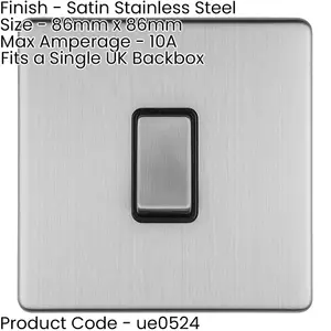 3 PACK 1 Gang Single Light Switch SCREWLESS SATIN STEEL 2 Way 10A Slim Rocker