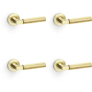 4 PACK - SOLID BRASS Reeded Door Handle Set - Satin Brass Angled Lever on Round Rose