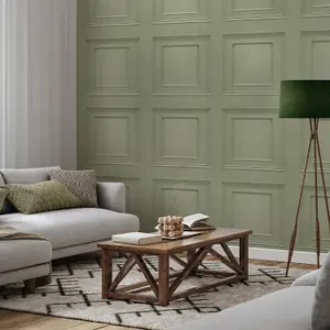 Belgravia Oliana Wood Panel Sage Green Wallpaper Modern Stylish Feature Wall