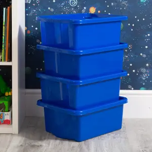 Wham 4x Stack & Store 16L Blue Plastic Storage Boxes. Home, Office, Classroom, Playroom, Toys, Books. L42 x W32 x H17cm