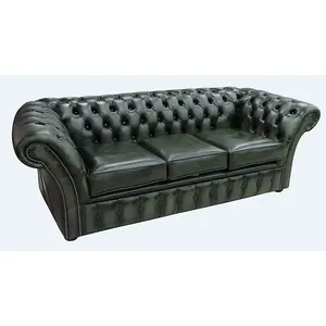 Chesterfield 3 Seater Antique Green Leather Sofa Bespoke In Balmoral Style