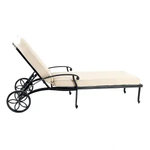 Charles Bentley Cast Aluminium Sun Lounger Recliner With Beige Cushion - Black