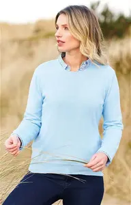 House Of Bruar Ladies Cotton & Cashmere Crew Neck - Soft Blue