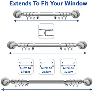 Metal Curtain Pole Set Extendable 40cm to 144cm Marble Chrome Curtain Rail 25mm