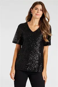 Bonmarche Black Half Sleeve Sequin Top, Size: 10