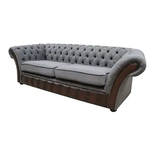 Chesterfield 3 Seater Antique Brown Real Leather Bacio Pewter Fabric Sofa In Jepson Style