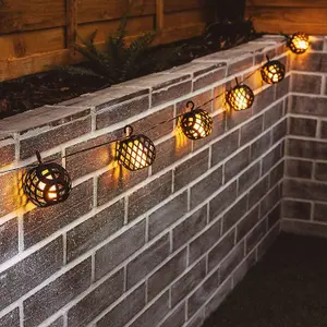 8pc Solar Rattan Ball Flame Effect LED String Hanging Lights - No Wires Or Cables Are Needed - Auto Light Control