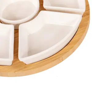 Oypla Rotating Bamboo Lazy Susan Snack Bowl Serving Platter with Ceramic Dishes