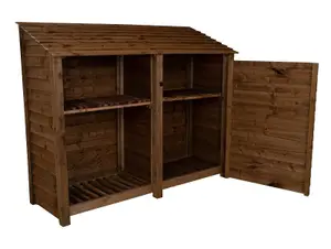 Wooden tool and log store, garden storage with shelf W-227cm, H-180cm, D-88cm - brown finish