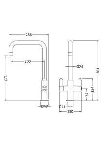 Kitchen Mono Mixer Tap with 2 Lever Handles, 361mm - Brushed Brass