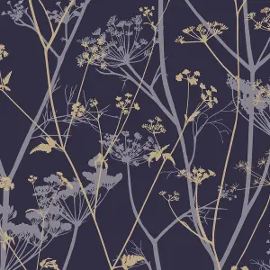 Clarissa Hulse Wild Chervil Blackberry Purple & Gold effect Smooth Wallpaper