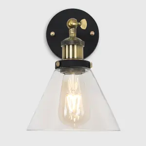 ValueLights Norton Pair of Industrial Black and Gold Wall Light Fittings with Clear Glass Light Shades