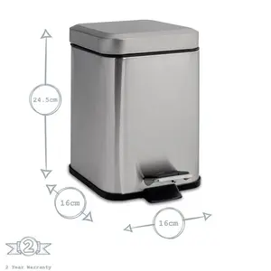 Square Bathroom Pedal Bin - 3 Litre Brushed