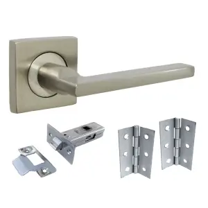 UNO Door Handle Satin Nickel Modern Lever on Square Rose Internal Handles + 64mm Latch & Hinges