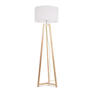 ValueLights Lottie Natural Wood Tripod Floor Lamp with White Drum Shade