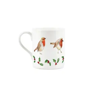 Purely Home Festive Christmas Robins & Holly Bone China Mugs - Set of 2