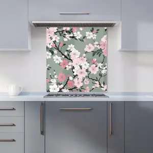 Pink Floral Abstract Pattern Premium Glass Kitchen Splashback W600mm x H600mm