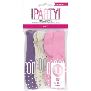 Unique Party Age 100 Glitz Latex Balloons (Pack Of 30) Pink/Purple/White (One Size)